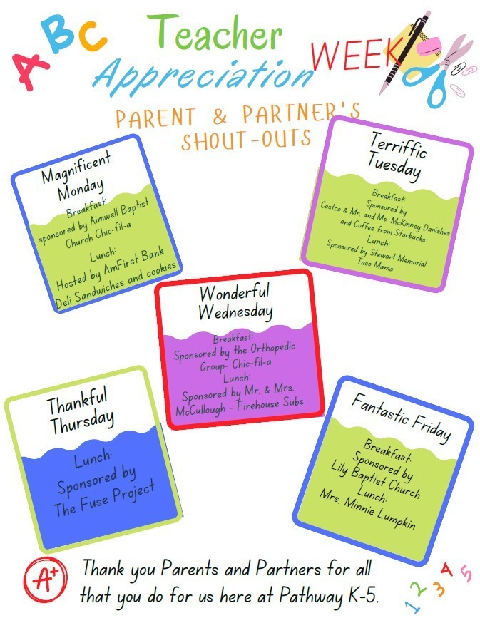PathwayK5's tweet photo. Teacher appreciation week is next week (May 4th-May 8th), and our teachers are in for a treat! 🍎🎉We’d like to extend a huge THANK YOU to  the amazing parents and sponsors who will  help make next week special for our staff. We truly couldn’t do it without you! Thank you!! https://t.co/ebYGIEHooR