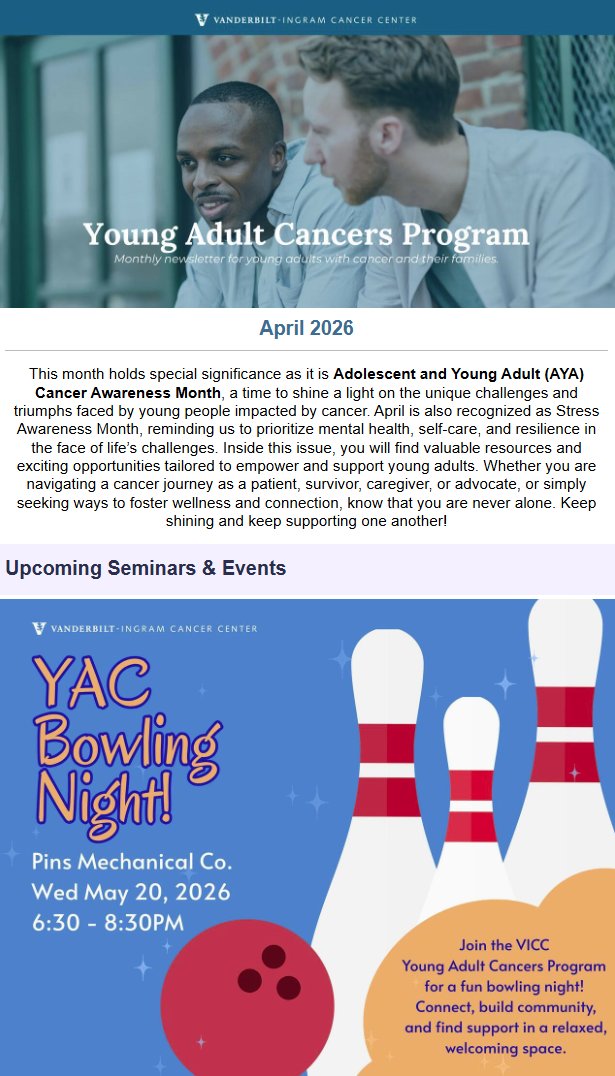 CathyEngMD's tweet image. Our monthly @VUMChealth @VUMCDiscoveries #YoungAdult #Cancer newsletter.  Pls share the resources that are available for #patients! 

Join us for our Spring social gathering at @pinsmechco #Nashville on May 20th! #patientcare @EOAYACoP 

Link:  t.e2ma.net/webview/f3bzni…
