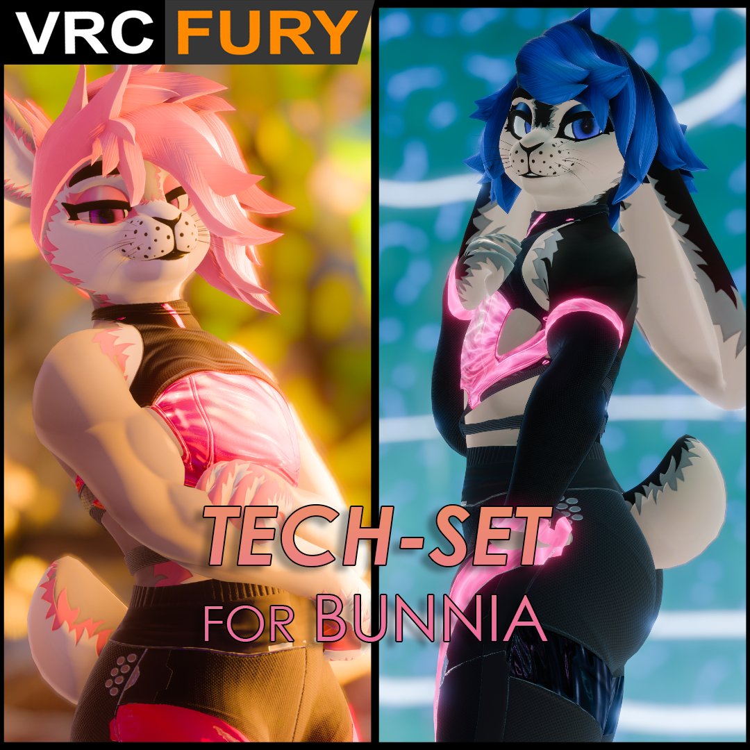 Bunnia Tech-Set is out now! 

Made for the Bunnia by Shiapra

Features
- Drag &amp; Drop via VRCFury
- Audio Link and hue shift toggles
- Free arm warmers material to help match the outfit for those who own the Cozy-Core set!

🔗 in repl1es !

Repost appreciated~
