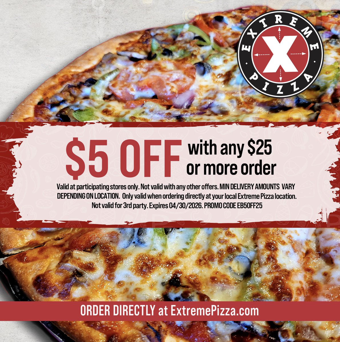 Extreme_Pizza's tweet image. Try our Yard Sale today and get this epic one-day promo at participating locations! See details below Expires 4/30/2026. #ExtremePizza #pizza #PizzaDelivery #pizzalover #dinnertime #tbt #pov #thirstythursday #beer #pizzatime #cheese #foodie #thursday #thursdayvibes #pizzavibes