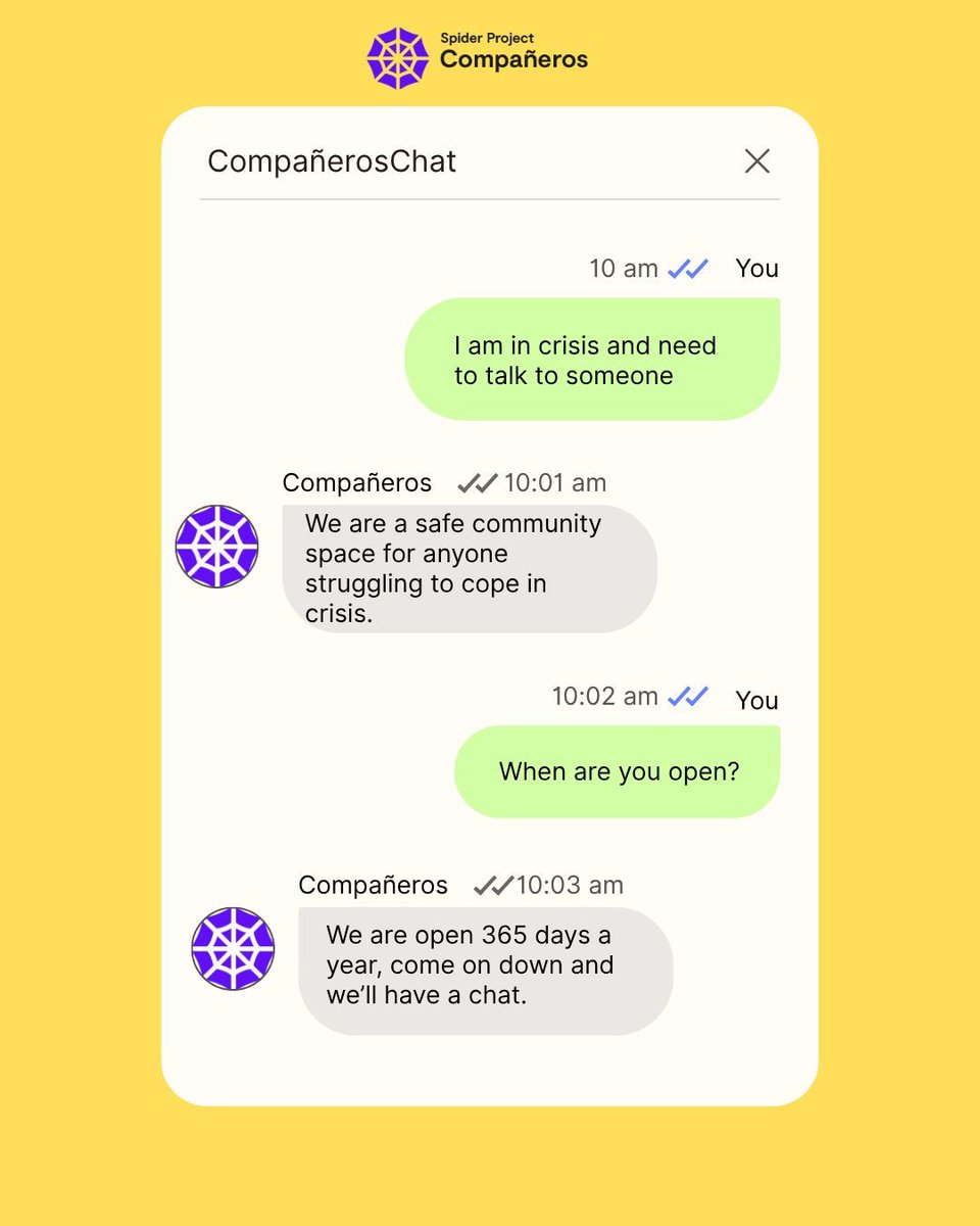 companeros_sp's tweet image. Compañeros is open 365 days a year, if you're in crisis and need to talk, we're here for you 💛

🏠️ 2A Price Street, Birkenhead, CH41 6JN
📧 enquiries.comp@spiderproject.org.uk
📞 0151 488 8135

#spiderproject #wirral #Compañeros