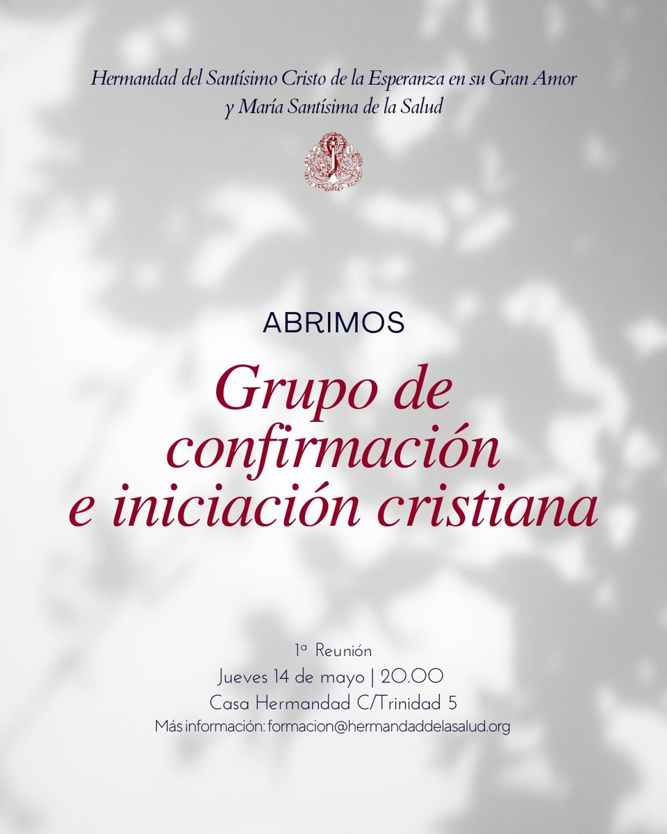 | FORMACIÓN |

Comenzamos los grupos de preparación para la confirmación el 14 de mayo a las 20h en nuestra Casa Hermandad. ¡Te esperamos!

También podrán prepararse quienes deseen recibir los tres sacramentos de la iniciación cristiana.

#CofradíasMLG