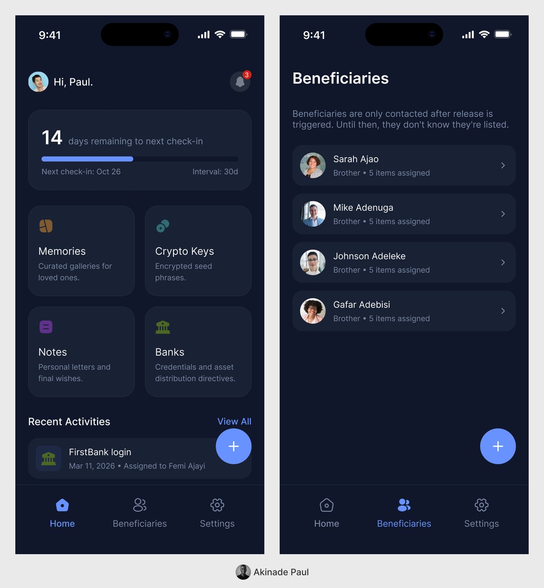 BrainyPaul_UX's tweet photo. I’ve been working on a concept for a digital legacy vault, built to securely store bank credentials, crypto seed phrases, and personal messages in case something happens to you. It runs on a check in trigger. If a user doesn’t check in after a set period, selected items are au... https://t.co/NvJv1wUMOo