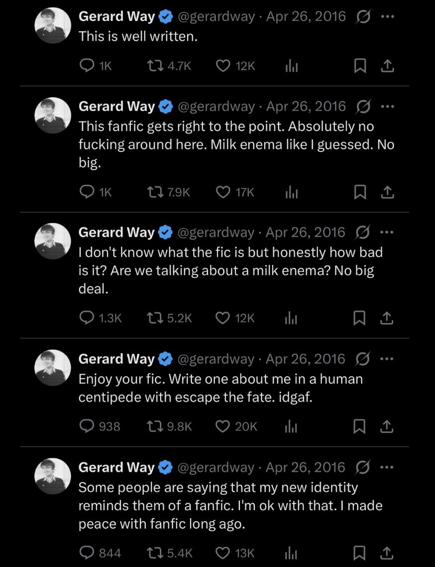 oh my god i just realized this year was the 10 year anniversary of gerard way live posting the milk fic