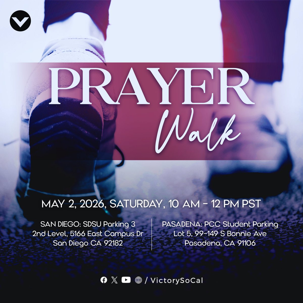 VictorySoCal's tweet photo. Join us as we prayer walk around our local campuses—San Diego State University &amp; Pasadena City College. 🙏

Let’s come expectant—ready to engage students, pray with purpose, and sow seeds of faith. 

Meet us at the designated location at 10AM. See you there! https://t.co/KW0iZtMm7K