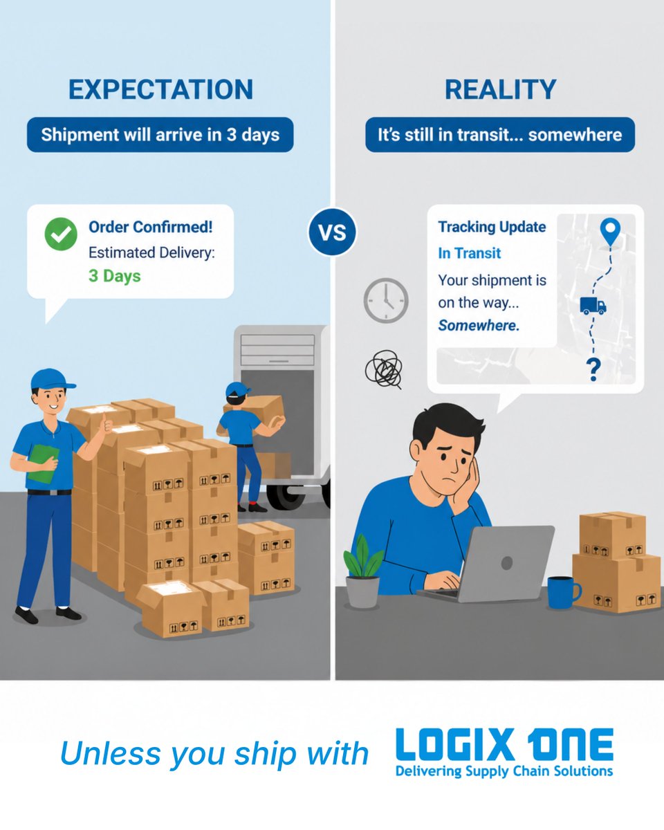 s_logix's tweet image. Expected: “Delivered in 3 days.”
Reality: “Still in transit… somewhere.”

Gain real-time visibility &amp;amp; control with Logix One. No more guesswork.

Book now: 
bit.ly/4iQXgCe

#Logistics #SupplyChain #Tracking #Visibility #LogixOne #DigitalSupplyChain