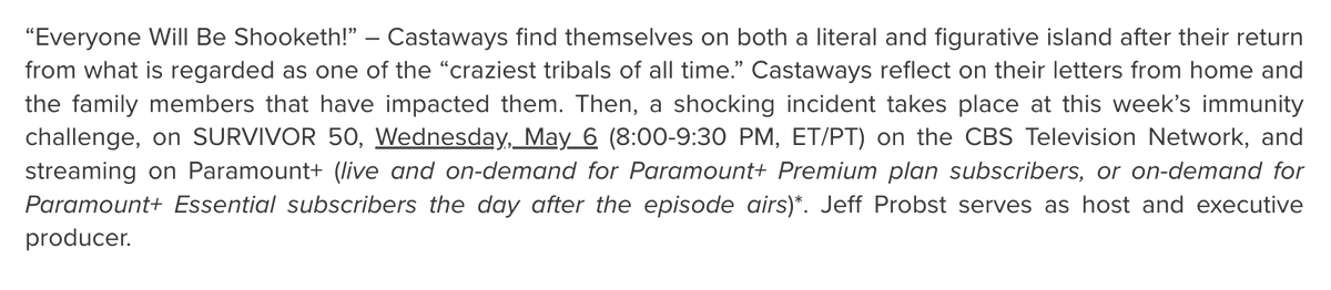 DaltonRoss's tweet photo. Episode description for next week's #Survivor50

"a shocking incident takes place at this week’s immunity challenge" https://t.co/AUwGXH9zHe