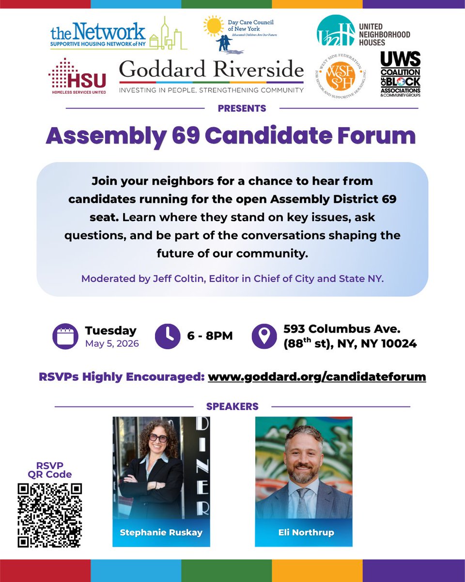 WSFSSH's tweet image. Join us May 5 from 6PM - 8PM at 593 Columbus Ave to hear from candidates for NYS Assembly District 69. Learn where they stand, ask questions, and get informed.

RSVP: goddard.org/candidateforum

#NYC #UWS #Assembly69 #VoteNY