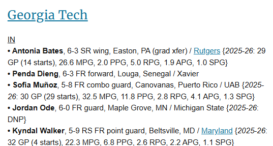 Raoul_000's tweet photo. Georgia Tech WBB has announced the signing of Rutgers grad transfer Antonia Bates (6-3 SR wing, Easton, PA), their 5th portal pickup and 3rd from a Big Ten program
—2025-26: 29 GP (14 starts), 26.6 MPG, 2.0 PPG, 5.0 RPG, 1.9 APG, 1.0 SPG
https://t.co/pcRv4SsFxF https://t.co/M8d6ok6WJG