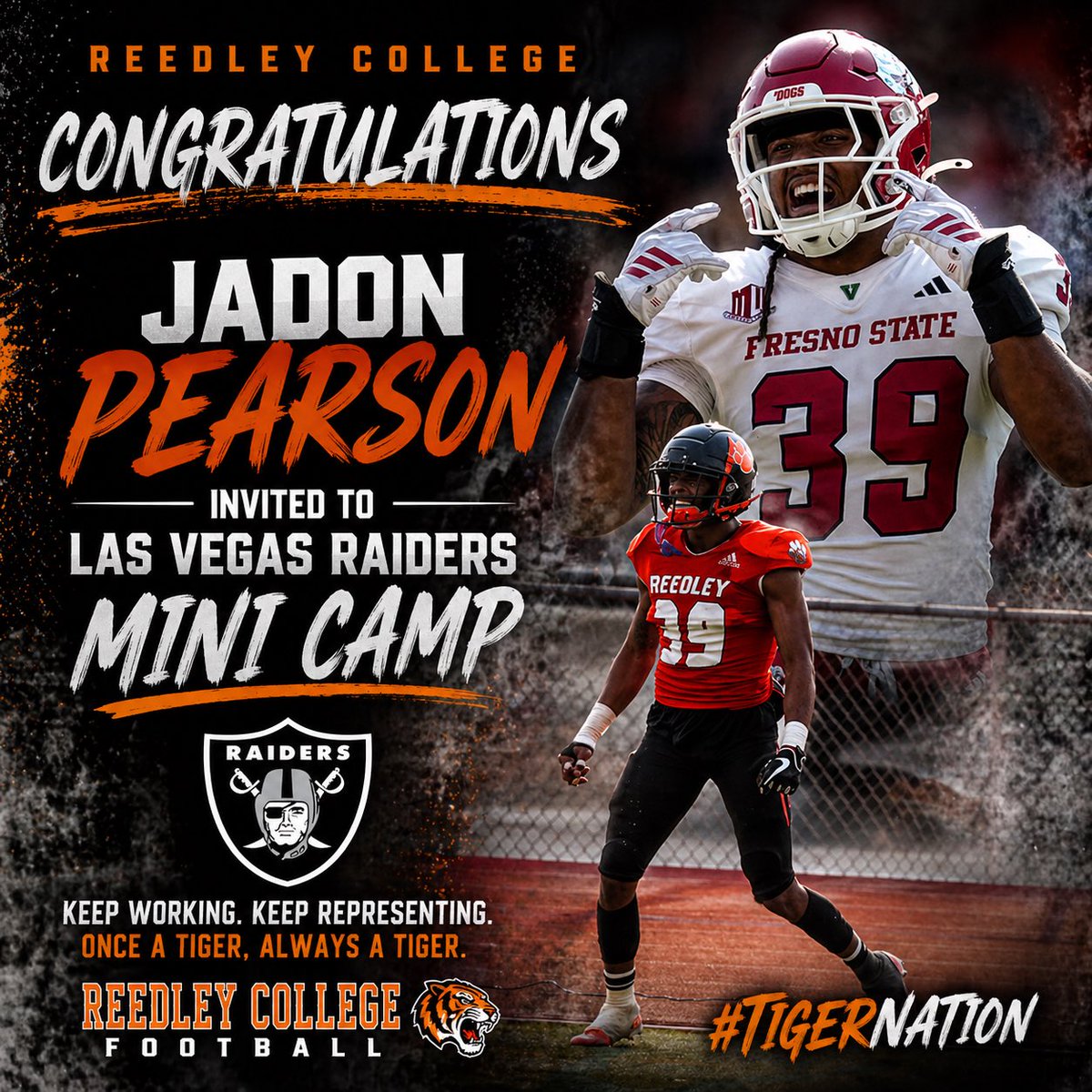 ReedleyCFB's tweet photo. Congratulations to Reedley Tiger alum Jadon “JP” Pearson on being invited to the Las Vegas Raiders mini camp!! 

Your Reedley family is proud @jadon_pearson39, KEEP REPRESENTING!! #RcCulture #RG https://t.co/IGedaR0HIV