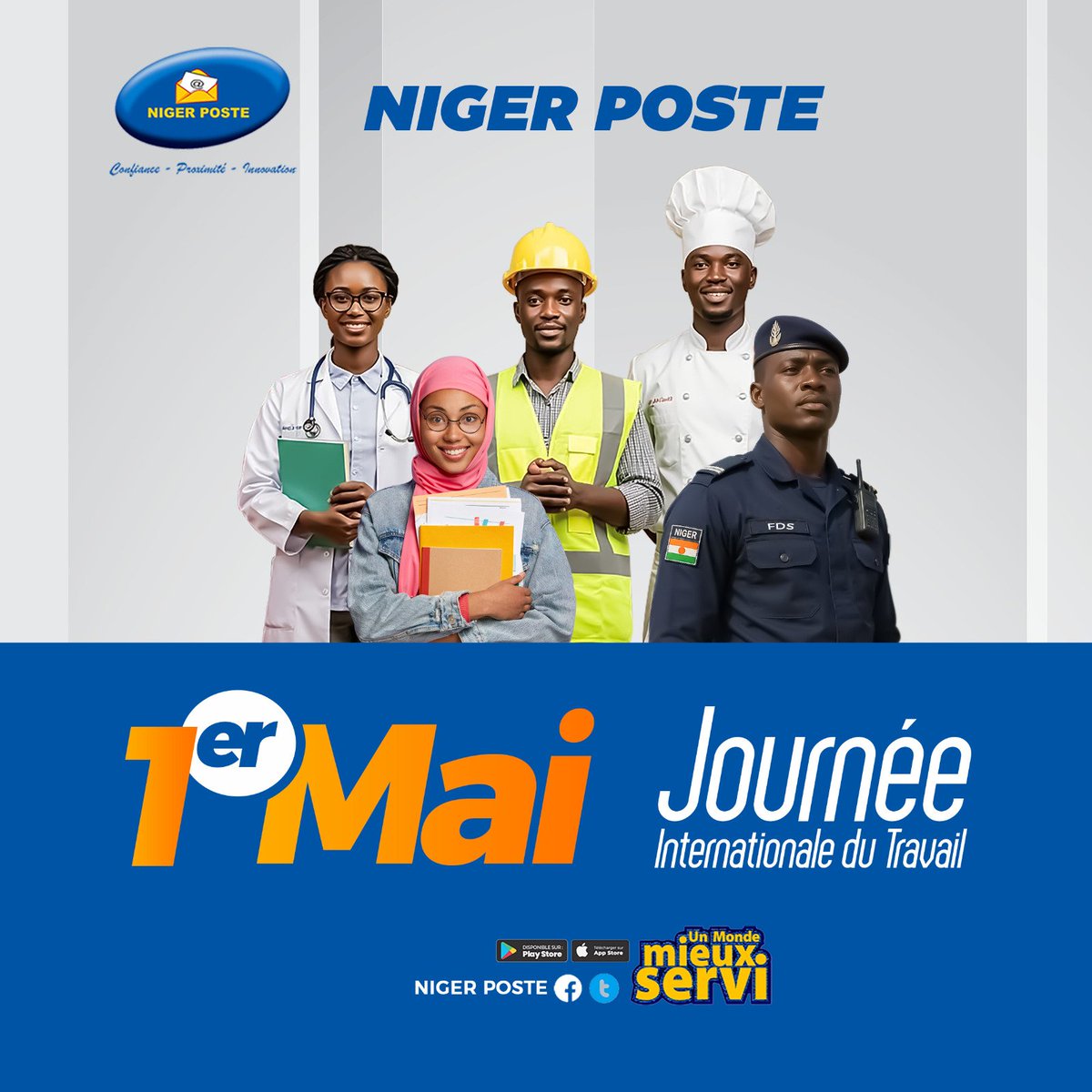 NigerPoste's tweet photo. La Fête du Travail est avant tout celle de ceux qui, chaque jour, mettent leur talent et leur énergie au service de notre mission commune.

Le Directeur Général de NIGER POSTE et l'ensemble du personnel vous souhaitent une excellente fête du travail. 

#UnMondeMieuxServi https://t.co/2MoVlSqLbs