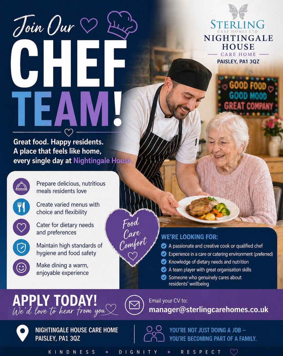 Care_Scotland's tweet photo. Join Our Team as a Chef! ✨👨‍🍳  
Do you love creating delicious, nutritious meals that bring comfort and joy? 💛  
Food is at the heart of our home—and we’re looking for a talented Chef to make every mealtime special.
Apply today manager@sterlingcarehomes.co.uk
#chefjob #caring https://t.co/lxfsdmSKG0