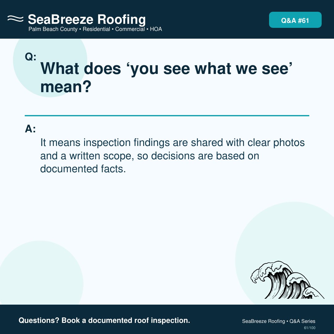SeaBreezeRoof's tweet image. You see what we see means findings are shared with clear photos and a written scope. Decisions are based on documented facts. Contact SeaBreezeRoofing to book a documented inspection.

#SeaBreezeRoofing #PalmBeachCounty #RoofingContractor #Lantana #RoofInspection