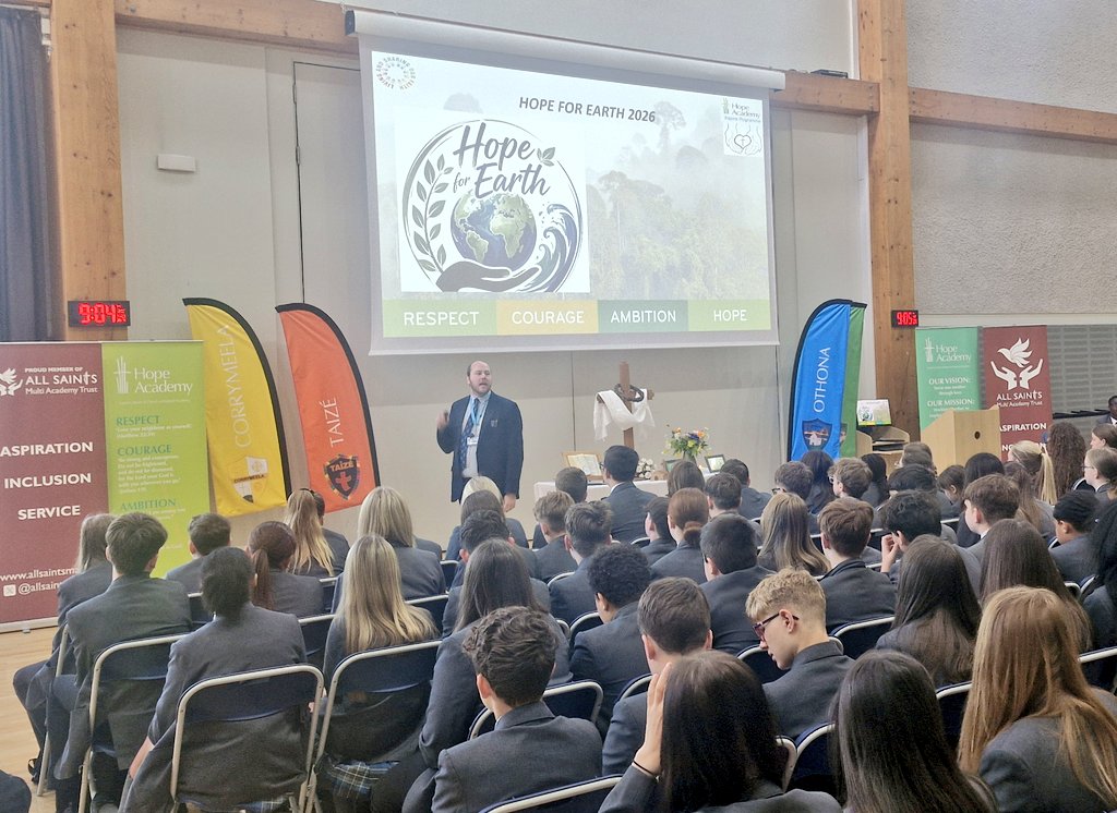 HopeChaplain's tweet photo. This week Mr Harding &amp; the Environment team have been leading Collective Worship, helping us reflect on how we can care for God's creation - Earth. Their insights have been truly inspiring, especially as students have shared their own passions &amp;  hopes for protecting our planet🙏 https://t.co/qwYBnzHpJj