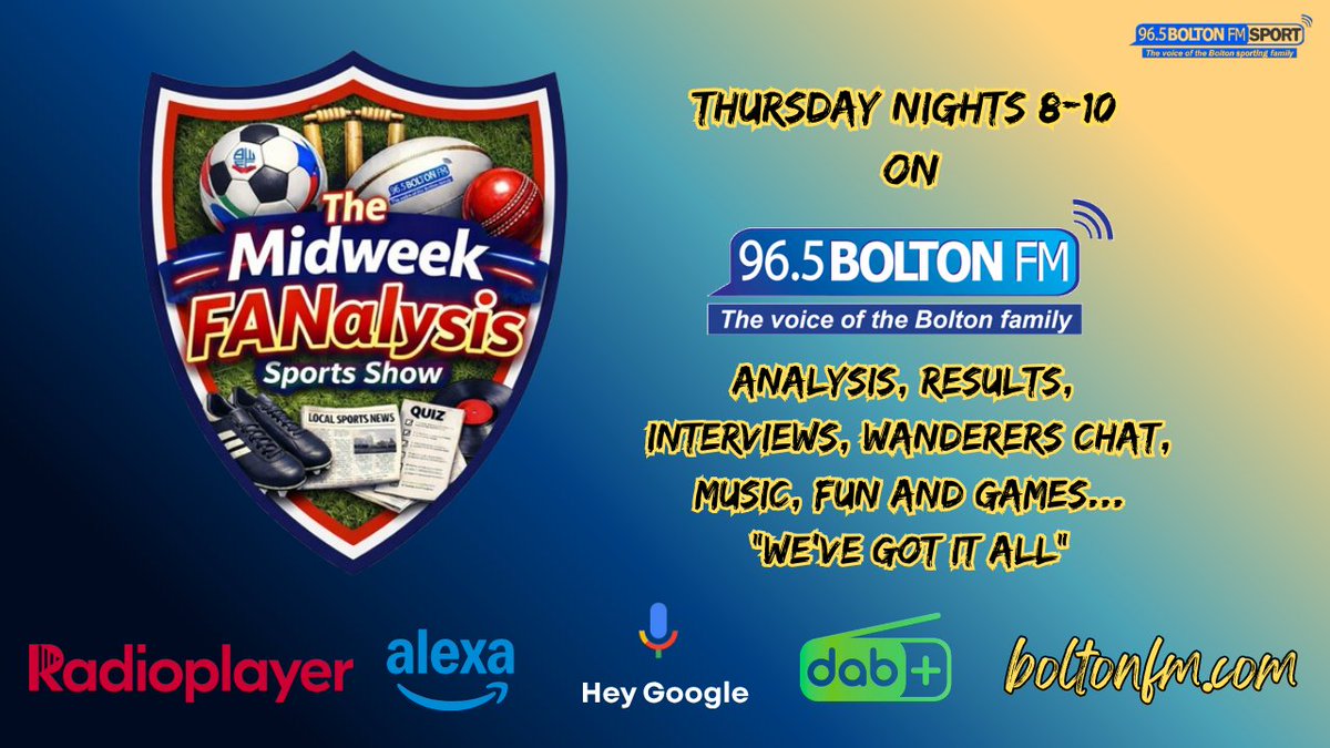 BoltonFM's tweet image. ON AIR NOW... 8pm - 9pm - @MWK_FANALYSIS! with Harlan Dane Fallon - Broadcaster #sports

9pm-10pm - SUMMER SPORTS RAVE  -with Harlan Dane Fallon - Broadcaster

#sport #localfootball #localcricket #football #BWFC #padel #music #rave