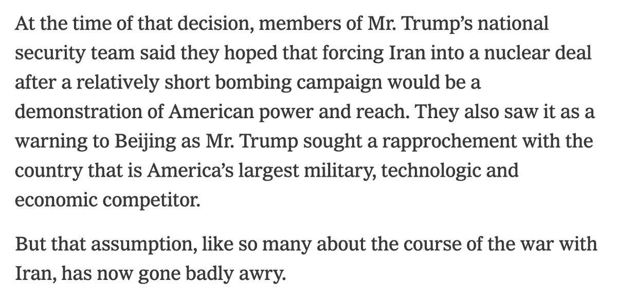 >"They [WH/MAGA] also saw it [bombing Iran] as a warning to Beijing"

>"But that assumption, like so many about the course of the war with Iran, has now gone badly awry."

(NYT)