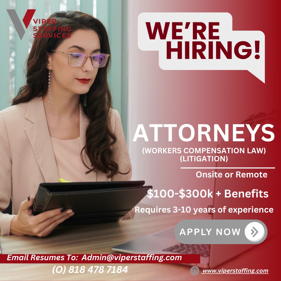 ViperStaffing's tweet image. We’re Hiring: Workers’ Compensation Attorneys ⚖️

👉 Visit: viperstaffing.com
📩 Send your resume: admin@viperstaffing.com

#Hiring #AttorneyJobs #WorkersComp #LitigationLaw #LegalCareers #RemoteJobs #Lawyers #NowHiring