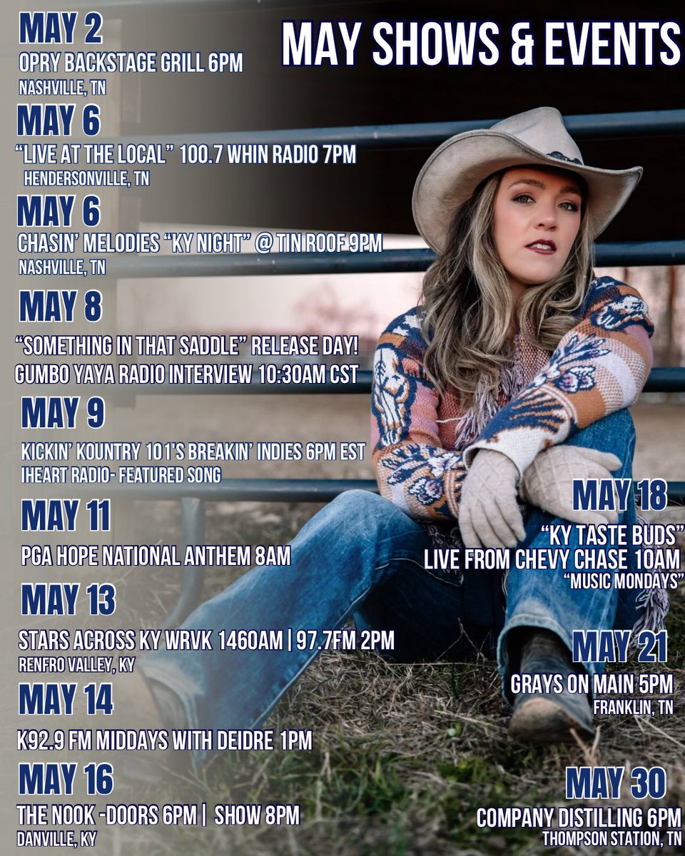 TayHughes_Music's tweet image. May is jam packed with events! Who’s ready to celebrate my new song dropping May 8? #may #countrymusic #newmusic #livemusic