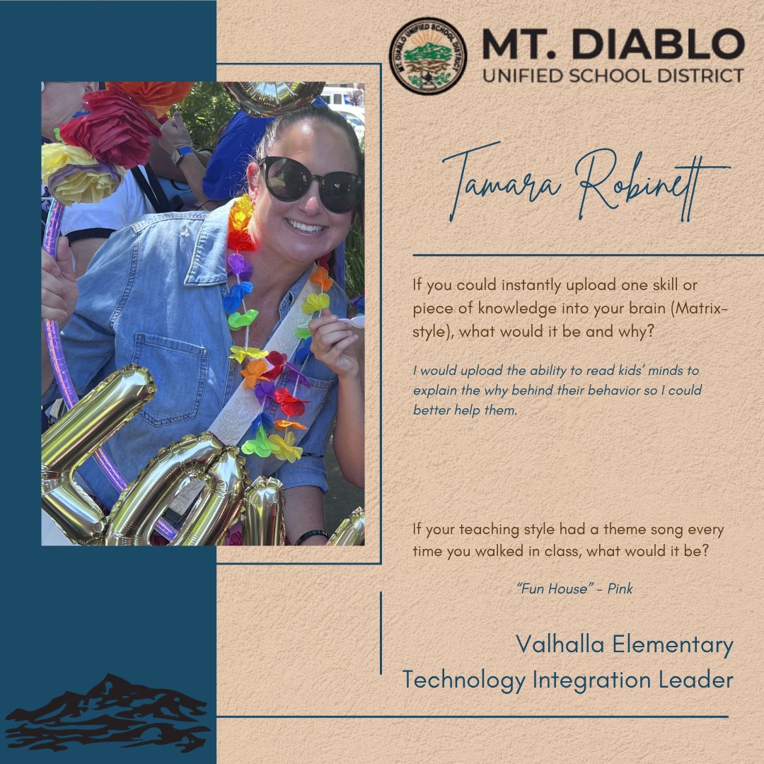 MDUSDEdTech's tweet image. Spotlight: Tamara Robinett supports @VikingPridePH 
with #edtech. Thank you for the support you provide our teachers and students! #TILsOfMDUSD #spotlight #TechnologyIntegrationLeader
@MtDiabloUSD