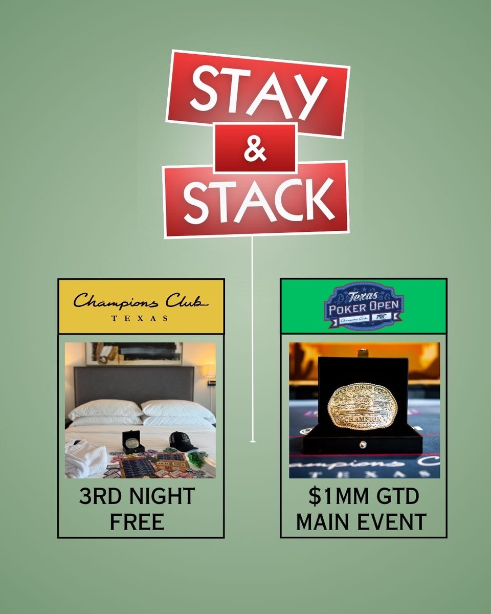 Your run doesn't stop in Austin and neither does the action. You're just 2 hours away from a $1M Guarantee at the Texas Poker Open in Houston at Champions Club Texas.

🚘 Pass GO, hit Houston and if you're coming from the WSOP Circuit Main Event, collect a FREE 3rd night on us