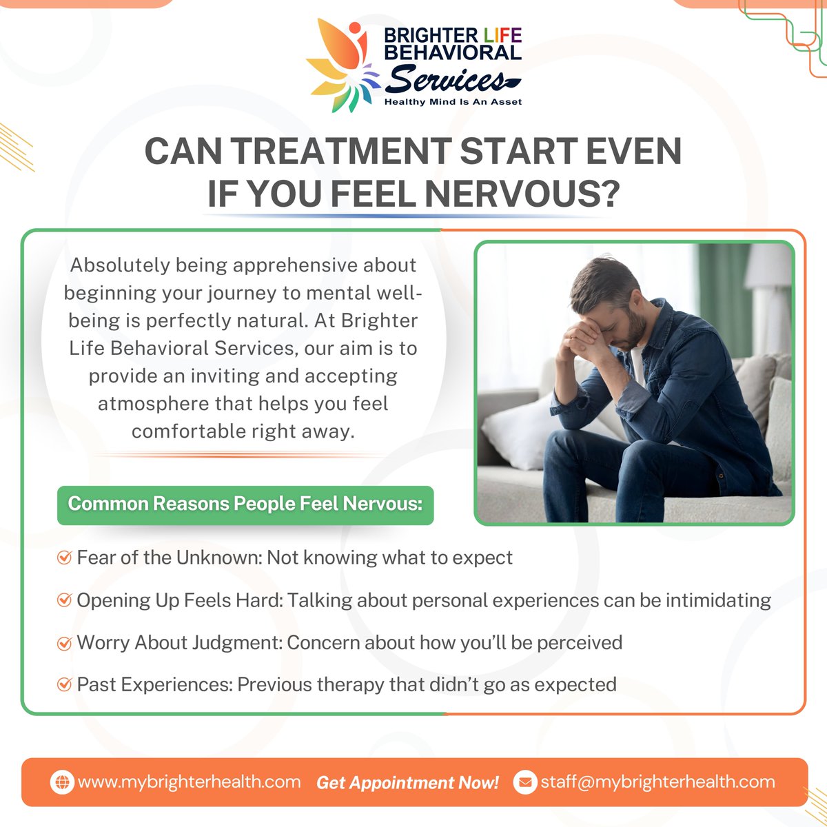 myblbs's tweet image. Can Treatment Start Even If You Feel Nervous?
Absolutely being apprehensive about beginning your journey to mental well-being is perfectly natural. In truth, this happens to countless individuals...see more
Learn more: mybrighterhealth.com
#MentalHealthSupport