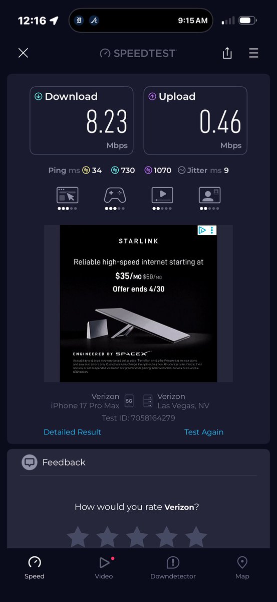 BlkManLost's tweet photo. @Verizon I recently called and asked for a signal boost I was told I have great service at my house here is a screenshot of the speed test notice the bars too https://t.co/FiJqgPLQxH