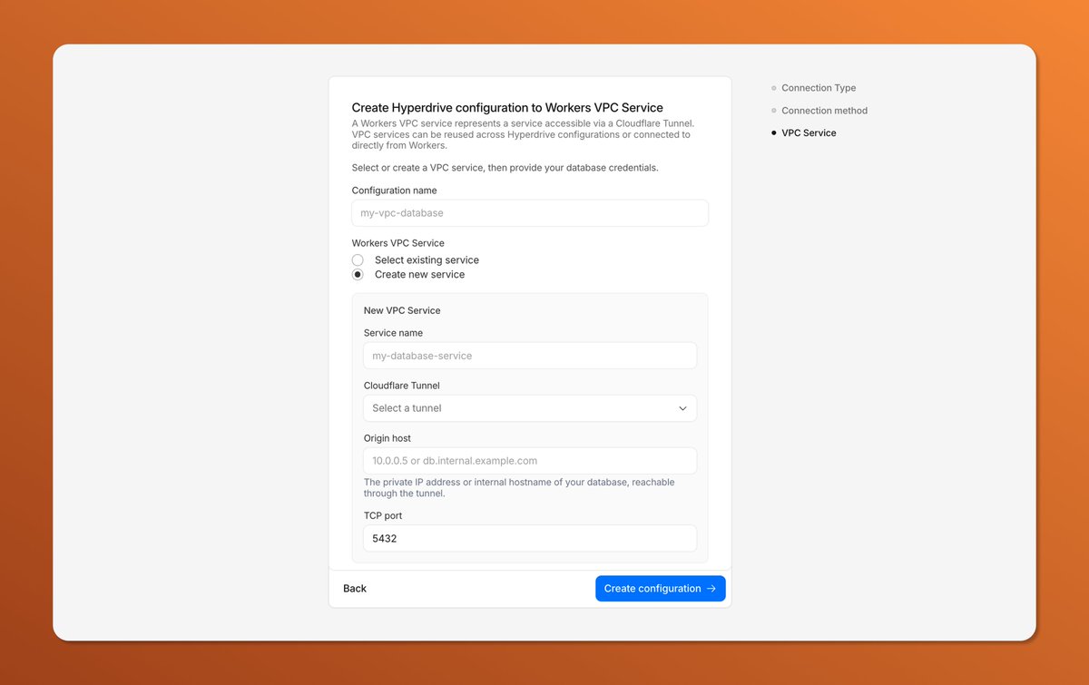 thomasgauvin's tweet photo. 📢 New ship alert! We just made it a whole lot easier to connect to a database in an external network:

1. Select the Cloudflare Tunnel
2. Specify the IP/hostname/port
3. Enter your credentials

That's it! Hyperdrive integrates with Workers VPC under the hood to connect securely https://t.co/XIKe8ZvsWR
