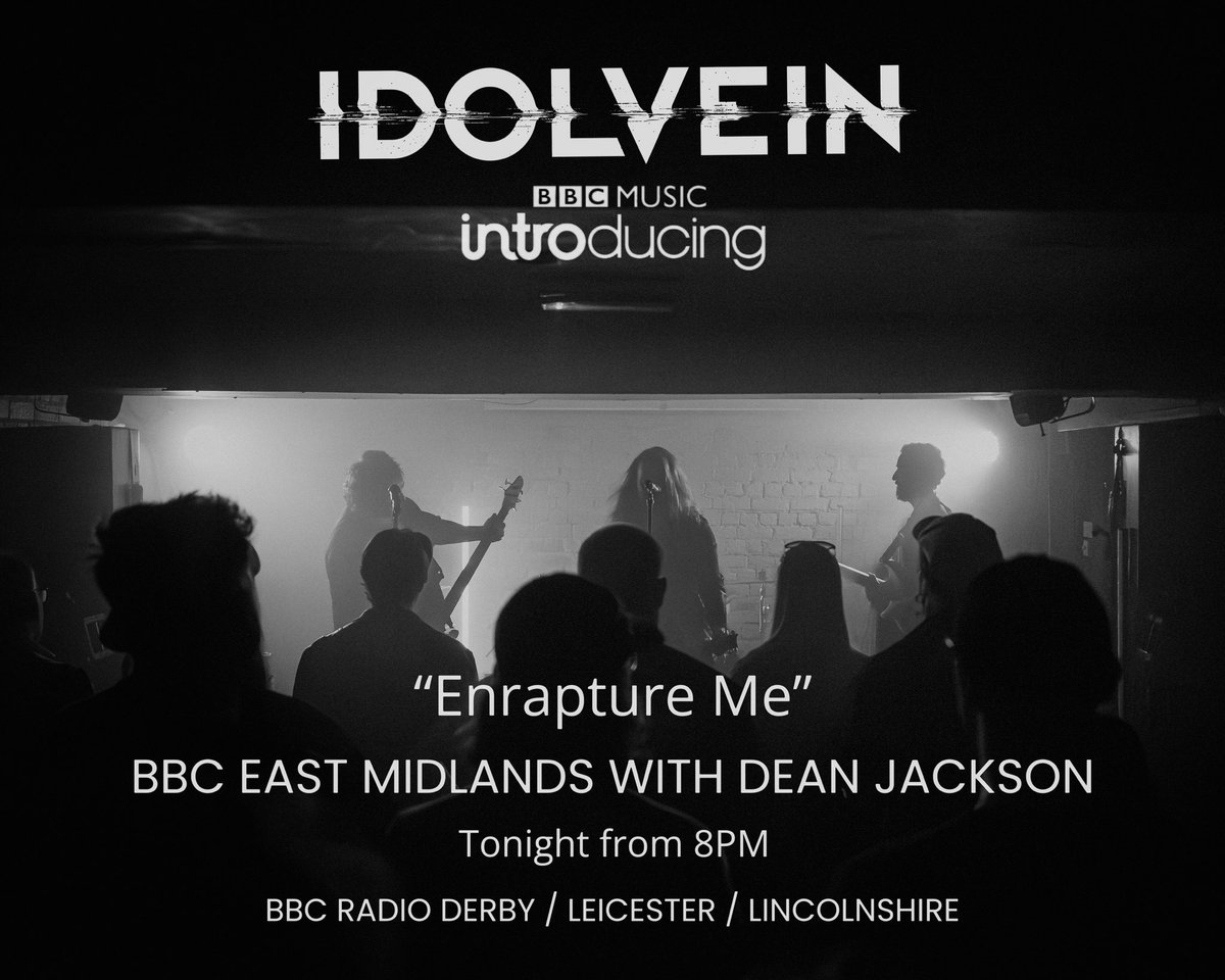 idolveinband's tweet photo. “Enrapture Me” will feature on @bbcintroducing with @beatonthebeeb tonight between 9-10PM. Be sure to tune in to BBC Radio Derby, Leicester and Lincolnshire to check it out alongside lots more new music! Thanks again to Dean Jackson for another feature!
-
#radio #bbc #introducing https://t.co/RlpYYFENZg