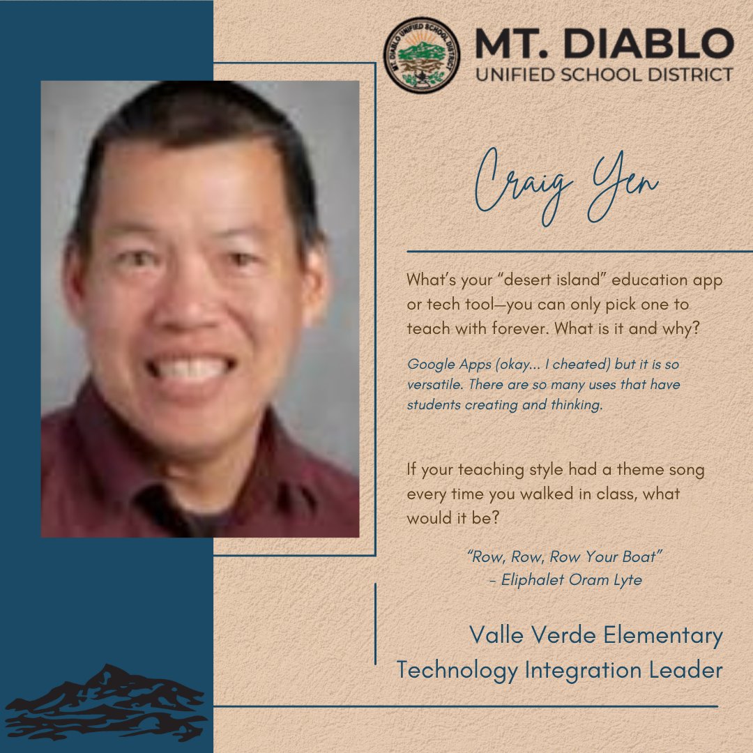 MDUSDEdTech's tweet image. Spotlight: Craig Yen supports @vvesvikings with #edtech. Thank you for the support you provide our teachers and students! #TILsOfMDUSD #spotlight #TechnologyIntegrationLeader
@MtDiabloUSD