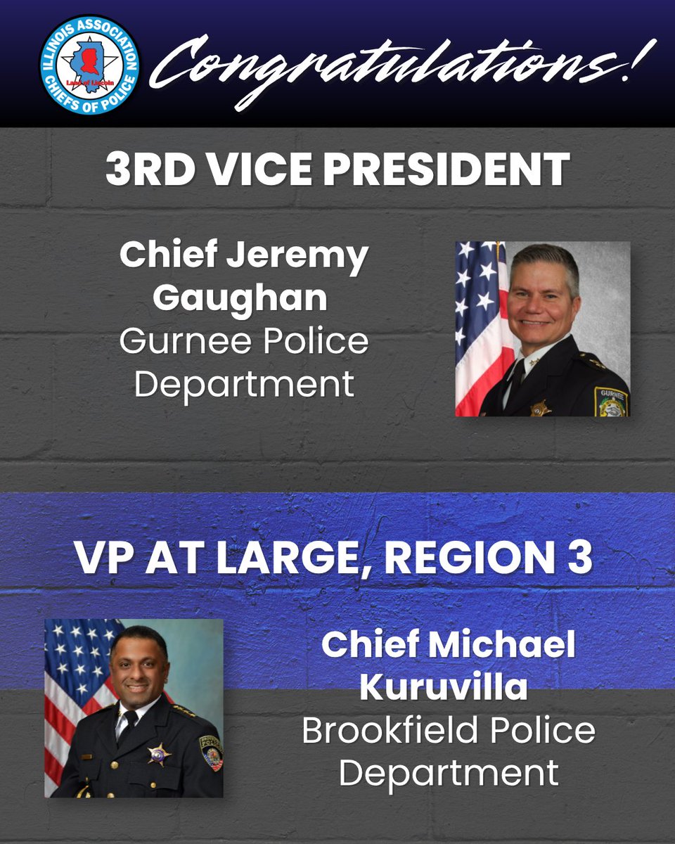 ILPoliceChiefs's tweet photo. Congratulations and welcome to our newest members of the ILACP Executive Committee, Chief Jeremy Gaughan and Chief Michael Kuruvilla! 🥳

Chief Gaughan will serve for the next year as 3rd Vice President and Chief Kuruvilla will take over as Vice President At Large for Region 3. https://t.co/XaLKEGtxVz