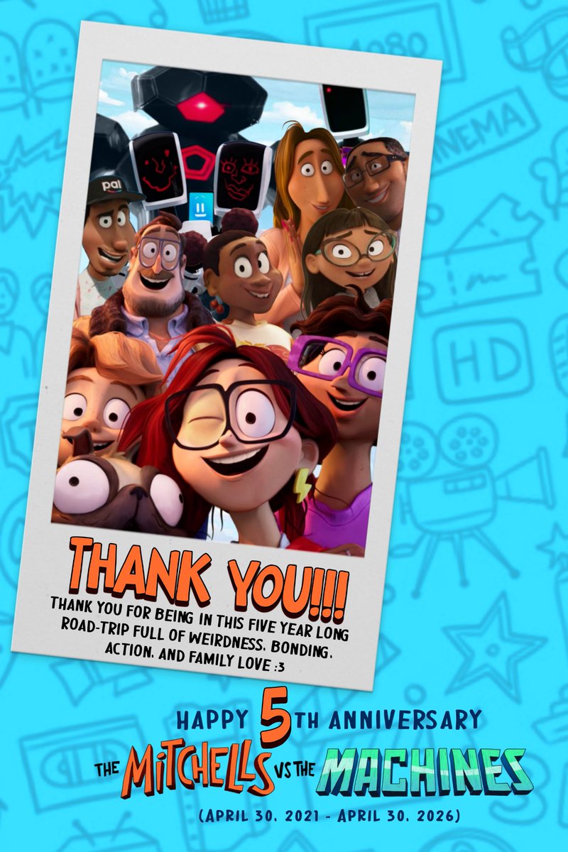 The_PurFox's tweet photo. Man... It's been five long years since #TheMitchellsvsTheMachines premiered back in April 30, 2021.

Even to this day, it remains as one of my favorite animated films of all time, and for many, many reasons. 

All I wanna say rn is Happy Anniversary, Mitchells!!! 🌈⚡ https://t.co/Pi5MPRjnhA