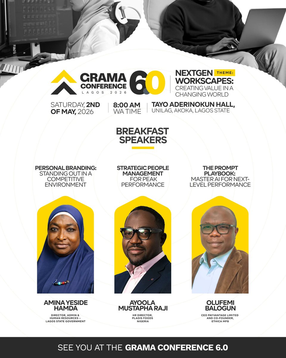GRAMALagos's tweet photo. GRAMA 6.0 starts HOT at 8AM 🔥

Breakfast session:
✨ Personal Branding
✨ People Management
✨ AI Prompt Playbook

Which one you dey rush? 👀

🗓️ May 2 | UNILAG
🔗 https://t.co/ohicFDoVJl

#GRAMA6 #BreakfastSession https://t.co/wit1WZxm96