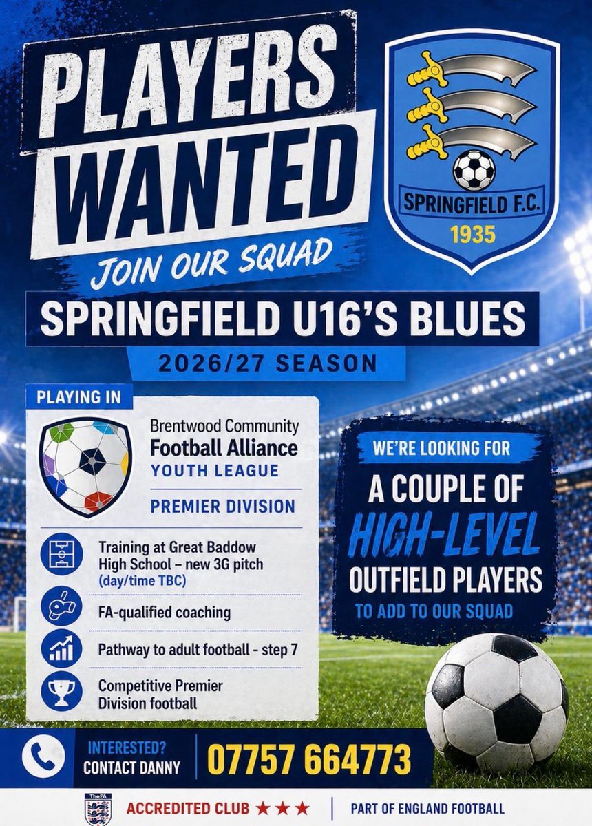 Springfield1935's tweet photo. πβ€οΈ U16 PLAYERS WANTED πβ€οΈ
U16s (next season) π
Looking for your next club? π
π Premier Division football
ποΈ 3G training
π Pathway to Step 7
π© Get in touch
πβ€οΈ Up the Field πβ€οΈ
#SpringfieldFC #UpTheField #PlayerRecruitment
@OfficialClarets @Galleywood_fc @Teamgrassroots_