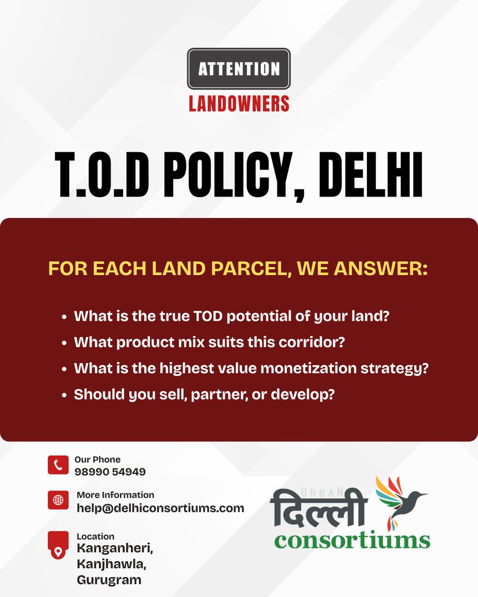 Unlock the True Value of Your Land under Delhi’s TOD Future
Delhi is not expanding outward anymore—it is intensifying inward.
The Delhi Development Authority’s Transit-Oriented Development (TOD) Policy is not a regulation—it’s a wealth-creation framework. Landowners, talk to us
