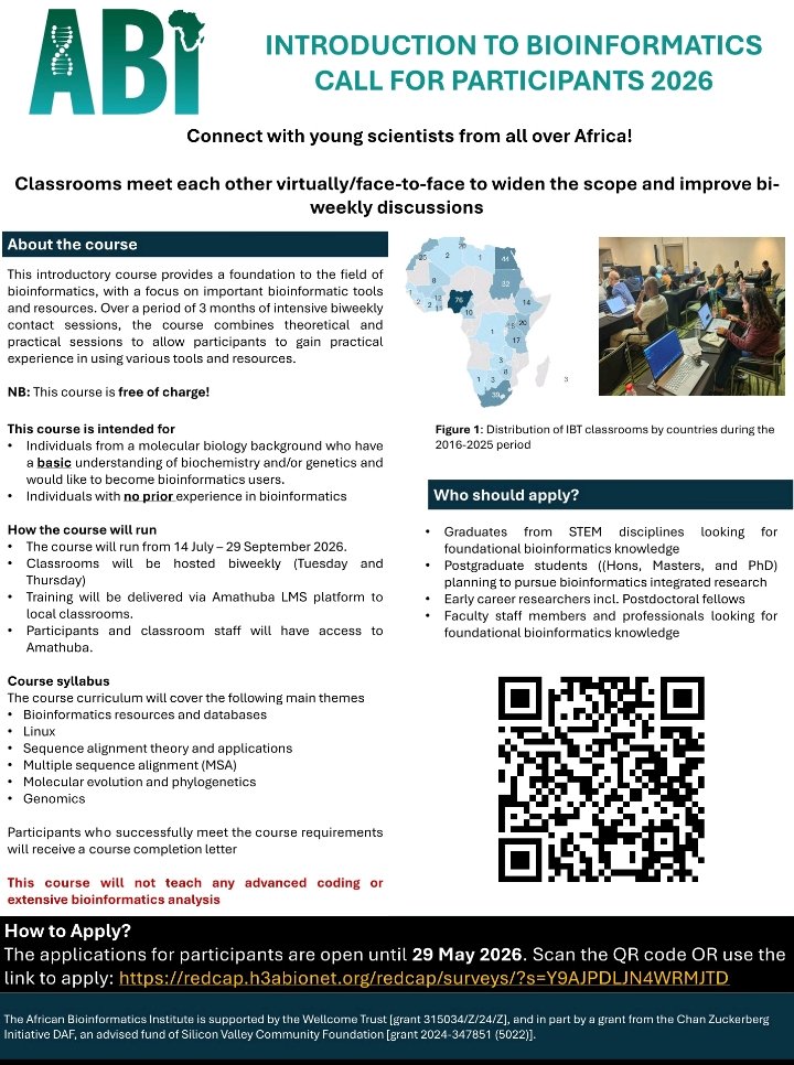 Bundiabdullahi's tweet photo. Ready to dive into Bioinformatics? 💻 Join a community of researchers across Africa for the 2026 IBT course. It’s free, virtual/face-to-face, and designed for beginners. Don't miss out! 🚀 https://t.co/rUXrf0ppbu