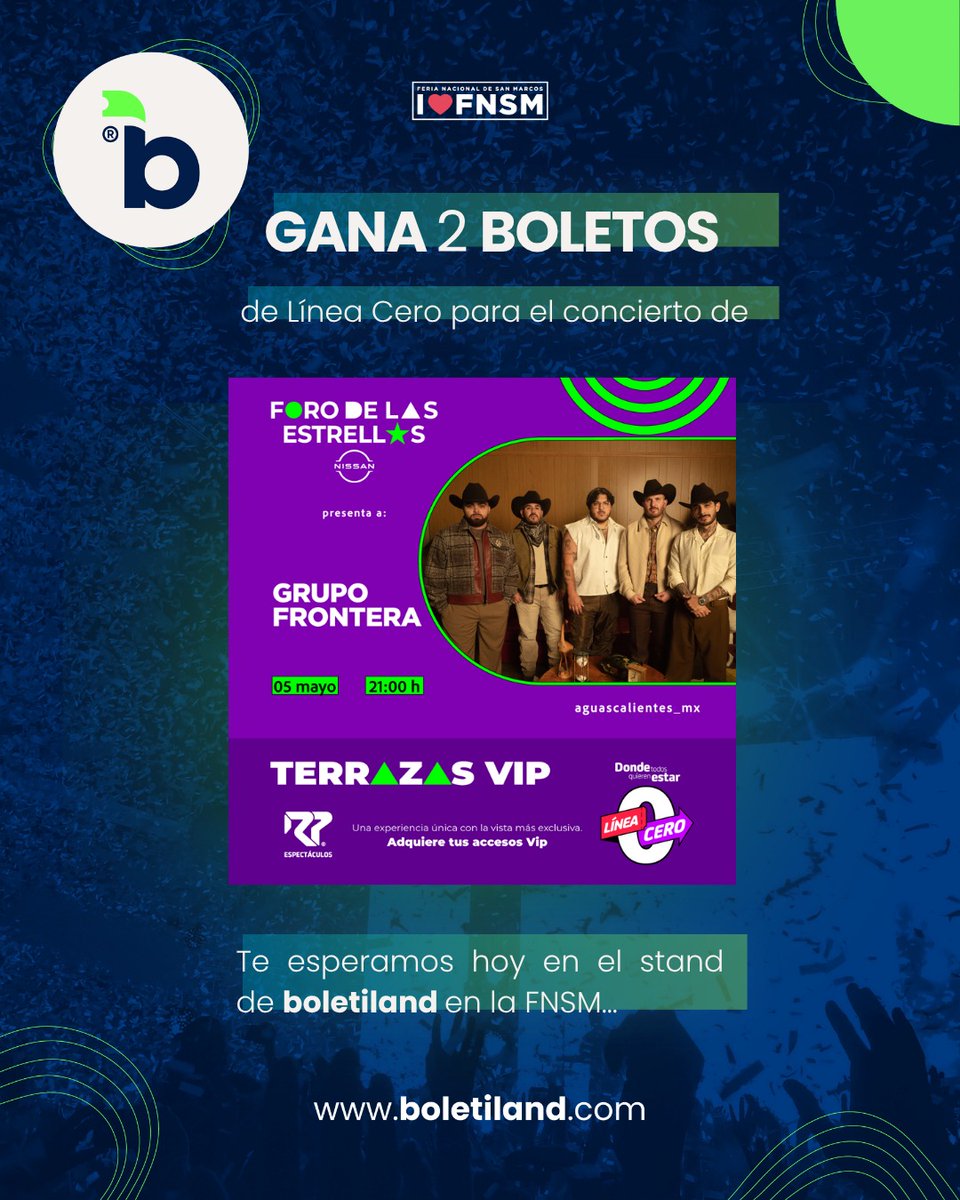 Boletifan… “no se vaaaa” la oportunidad de ganar hoy 💃🕺
Podrías llevarte 2 boletos Línea Cero para ver a Grupo Frontera 🤠
🗓️ Hoy en el stand de Boletiland en la FNSM 2026
🧐 Atento a nuestras redes…

Consulta términos de participación en FB e IG