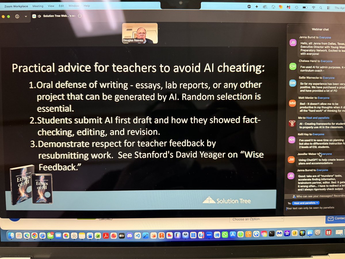mrbflores_'s tweet photo. Thank you, Dr. Reeves, for the “Ethics of AI” webinar with @SolutionTree. The session provided a helpful balance of how AI can save teachers and school leaders valuable time on lesson plans, reports, and strategies to prevent AI cheating. @valvidrez1 https://t.co/6gMEat6G0i
