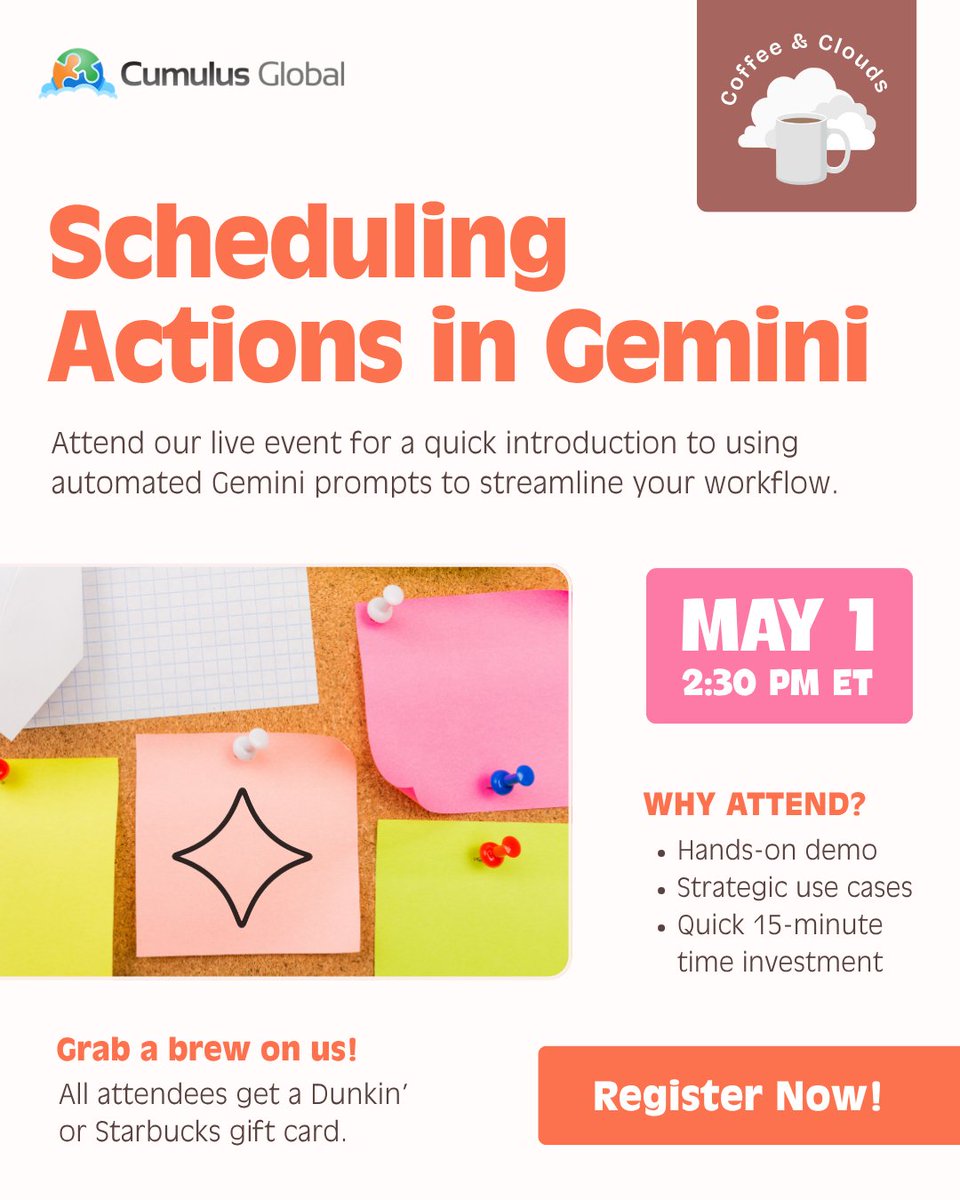 ccaldwell4cg's tweet image. Last chance! ⏳ Join us TOMORROW to learn how to turn Gemini into your assistant. In 15 minutes, discover how to automate repetitive tasks in Workspace and reclaim your time. 

☕️ The coffee is on us! 

Register: jump.cumulusglobal.com/4tvYJ5e 

#Gemini #GoogleWorkspace #Productivity