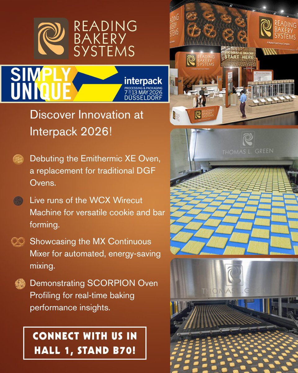 ReadingBakery's tweet photo. RBS is heading to interpack 2026 with breakthrough oven, forming, and mixing innovations built to elevate snack production.

See the future of baking from May 7-13th in Hall 1, Stand B70.

Schedule a meeting with our team at the show: https://t.co/RmBtWYUn3O https://t.co/UAKiQ7pRb7