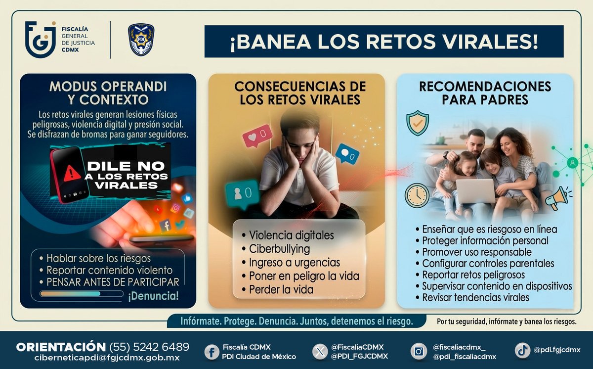 PDI_FGJCDMX's tweet photo. No todo lo que se hace viral es inofensivo, un like no vale una vida, por ello aprende a detectarlos. 

En la Policía Cibernética de la Policía de Investigación te ayudamos.

#RetosVirales #SeguridadDigital #HablaConTusHijos #PolicíCibernética https://t.co/40Ta5X0Si9