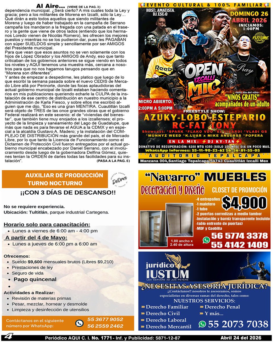 periodicoAQUI's tweet image. #openmic #AuxiliarDeProduccion #closets #juridico #OmarTapia #AQUICUAUTITLÁNIZCALLI

Compártelo, puede ser de utilidad para alguien.

Nuestra Edición Completa en:
periodicoaqui.com