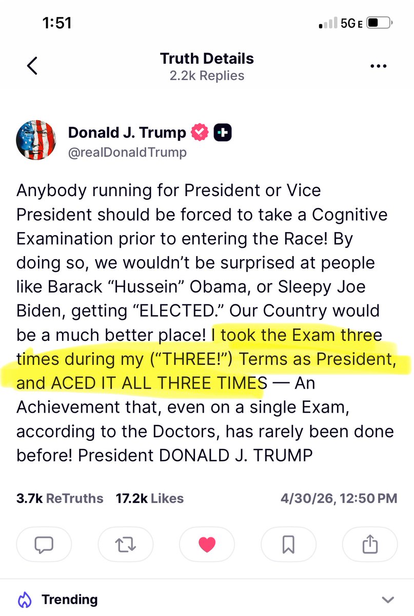 rattletrap1776's tweet image. Validation 🤭

45 + 46 + 47 = 3 Terms. 

| 45 ——— 47 | = 3 Terms.

Why would He have to take a Cognitive Test if he was a Former President? 🤫

Already in Books, the ONLY that outline 45—47, mine 🫡♠️🇺🇸