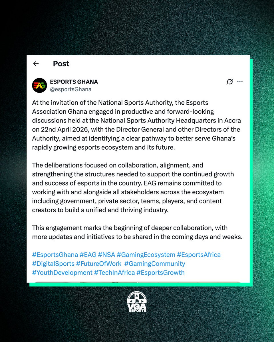vgaesportshow's tweet photo. EAG 🤝 NSA❤️🇬🇭

The Esports Association, Ghana @esportsGhana meets with the National Sports Authority to strengthen collaboration and drive the future of Esports in Ghana 🇬🇭🎮 https://t.co/XwAjXudv4i