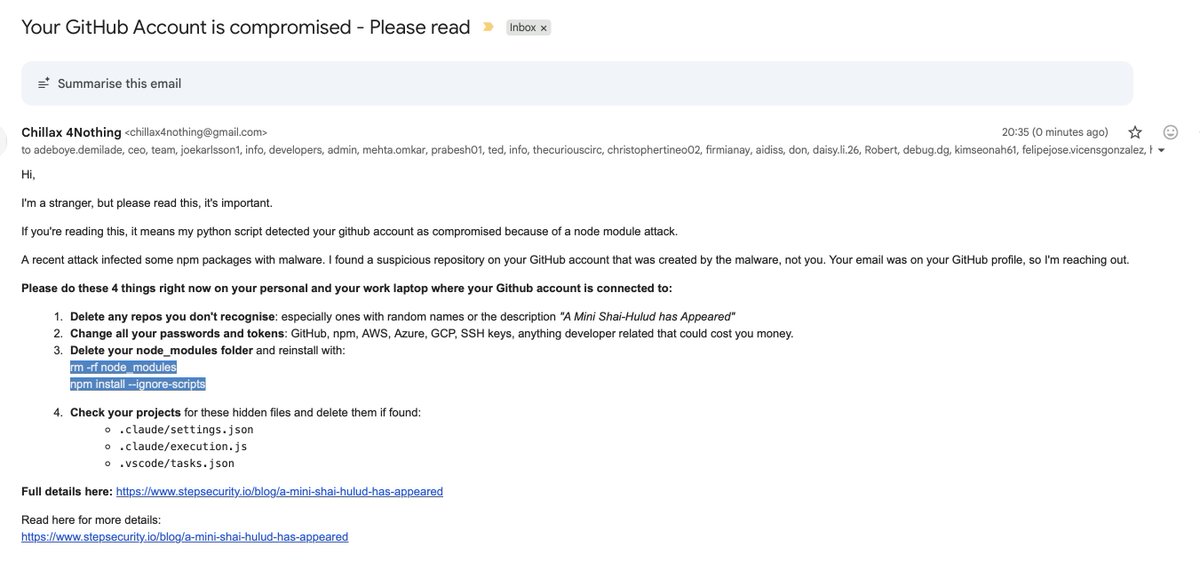jnd0's tweet photo. Getting a critical cybersecurity alert via a massive un-BCC'd email thread from a guy named 'Chillax 4Nothing' at gmail is so 2026. Do I rotate my keys or hit reply-all? 🤣 https://t.co/ImUqSehqM4
