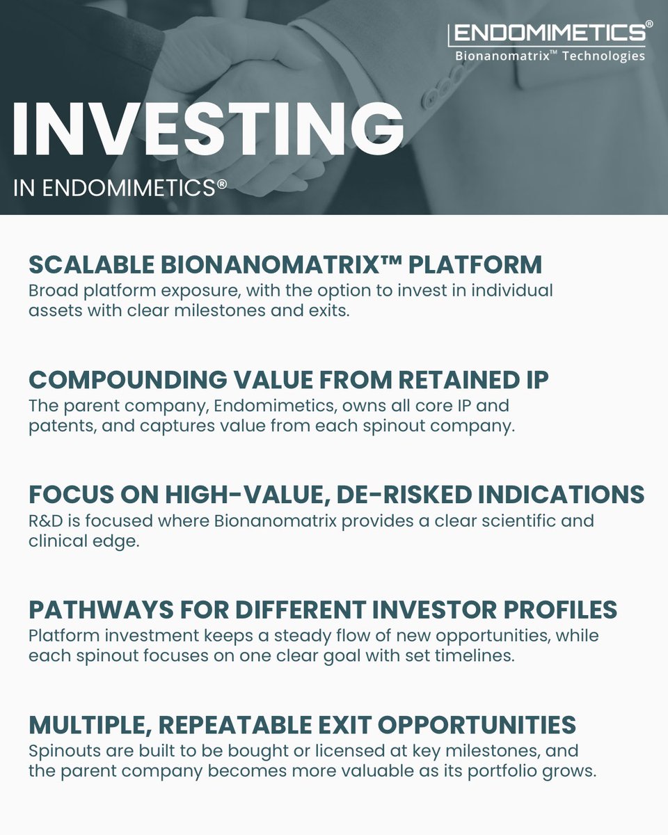 endomimetics's tweet photo. A structured approach to biotech investing: scalable platform upside, with individual assets advancing toward clearly defined outcomes and exits. Learn more > https://t.co/p64IvQXKeZ https://t.co/RccefyeE23