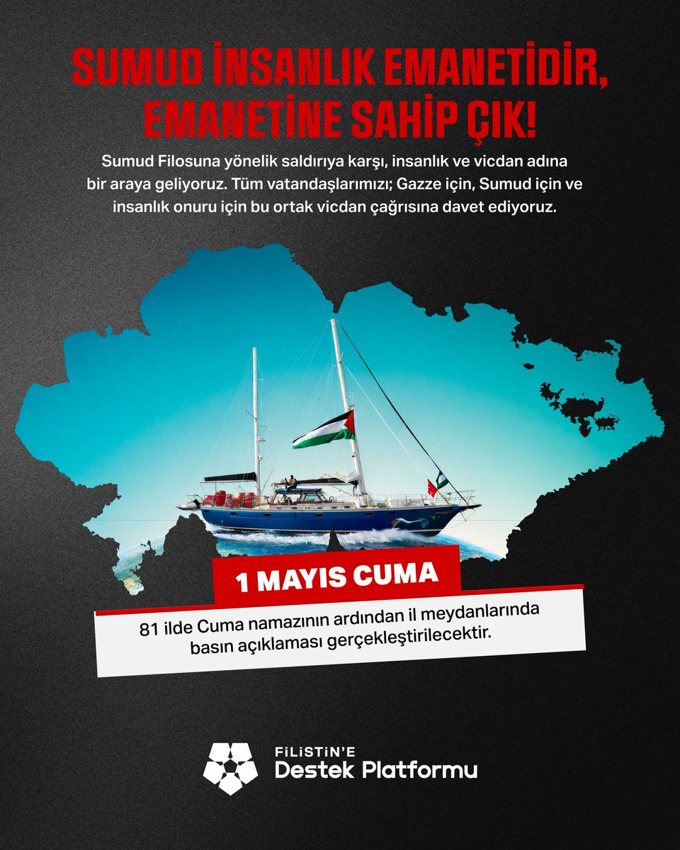 destekfilistine's tweet photo. Sumud’a yönelik saldırı karşısında sessiz kalmıyoruz.

İnsanlık onurunu, vicdanı ve Gazze’ye ulaşmaya çalışan yardımlar için 1 Mayıs Cuma günü, Cuma namazı sonrası basın açıklaması için 81 ilimizin meydanlarındayız.

Tüm vatandaşlarımızı bu ortak vicdan çağrısına davet ediyoruz.🇵🇸