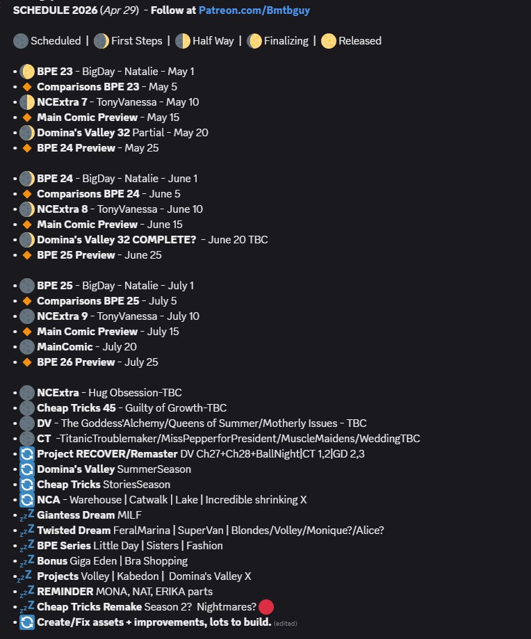 bmtbguy's tweet photo. Bmtbguy's Schedule for May 2026

Hey there, new schedule where... uh... nothing changed beyond the releases being released and lots of background plot I can't show yet.

Read more in my Patreon or DA (avoiding placing links here for a while, we know why...) https://t.co/5Cz0neKV9L