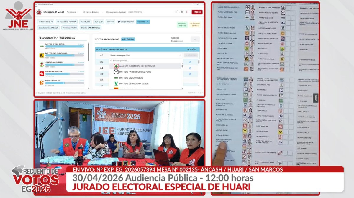 JNE_Peru's tweet image. #EnVivo | #EG2026
Audiencia pública de recuento de votos de actas observadas.
📍Jurado Electoral Especial de Huari⚖️
Mesa de sufragio N° 002135 / Áncash - Huari - San Marcos.
👉 youtube.com/live/TMvzZtOT3…

#RecuentoTransparente #TuVotoSeRespeta