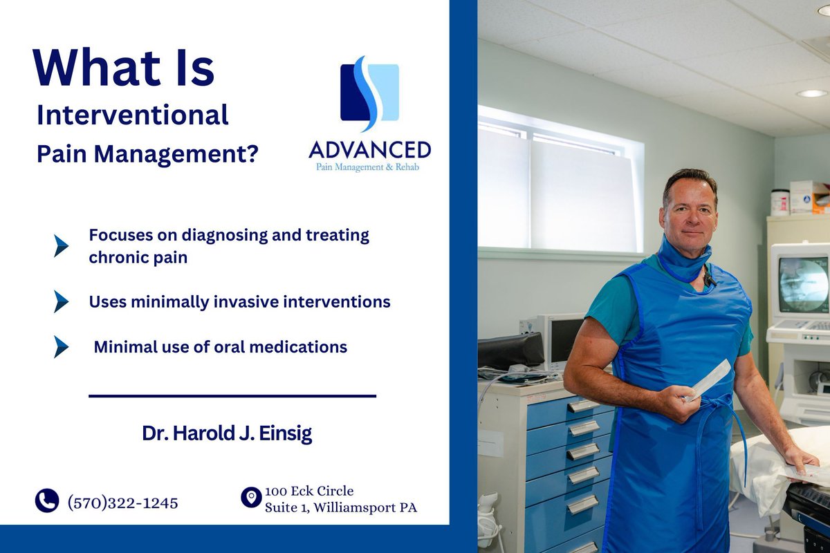 apainrehab's tweet image. Is Interventional Pain Management Right for You? If you are interested in learning more about how Interventional Pain Management can help you, schedule a consultation with Dr. Einsig. #painmanagement #AdvancedPainManagementandRehab #backpain #painmanagementphysician #Williamsport