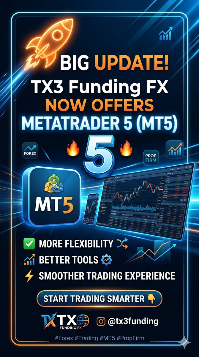 NaseerFi's tweet image. 🚀 Big update!
TX3 Funding FX now offers MetaTrader 5 (MT5) 🔥
More flexibility, better tools, and a smoother trading experience.
Check them out and start trading smarter 👇
@tx3funding
#Forex #Trading #MT5 #PropFirm
